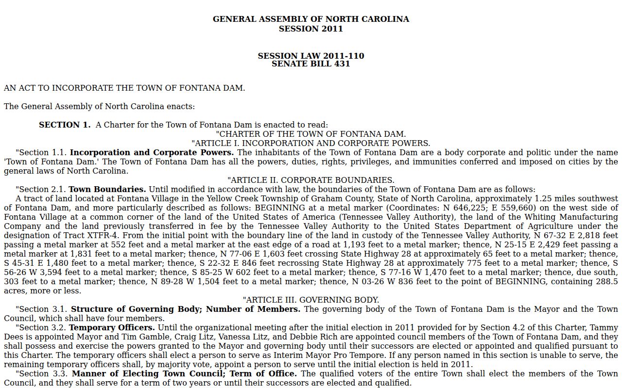 Fontana Dam criminal history official incorporation act