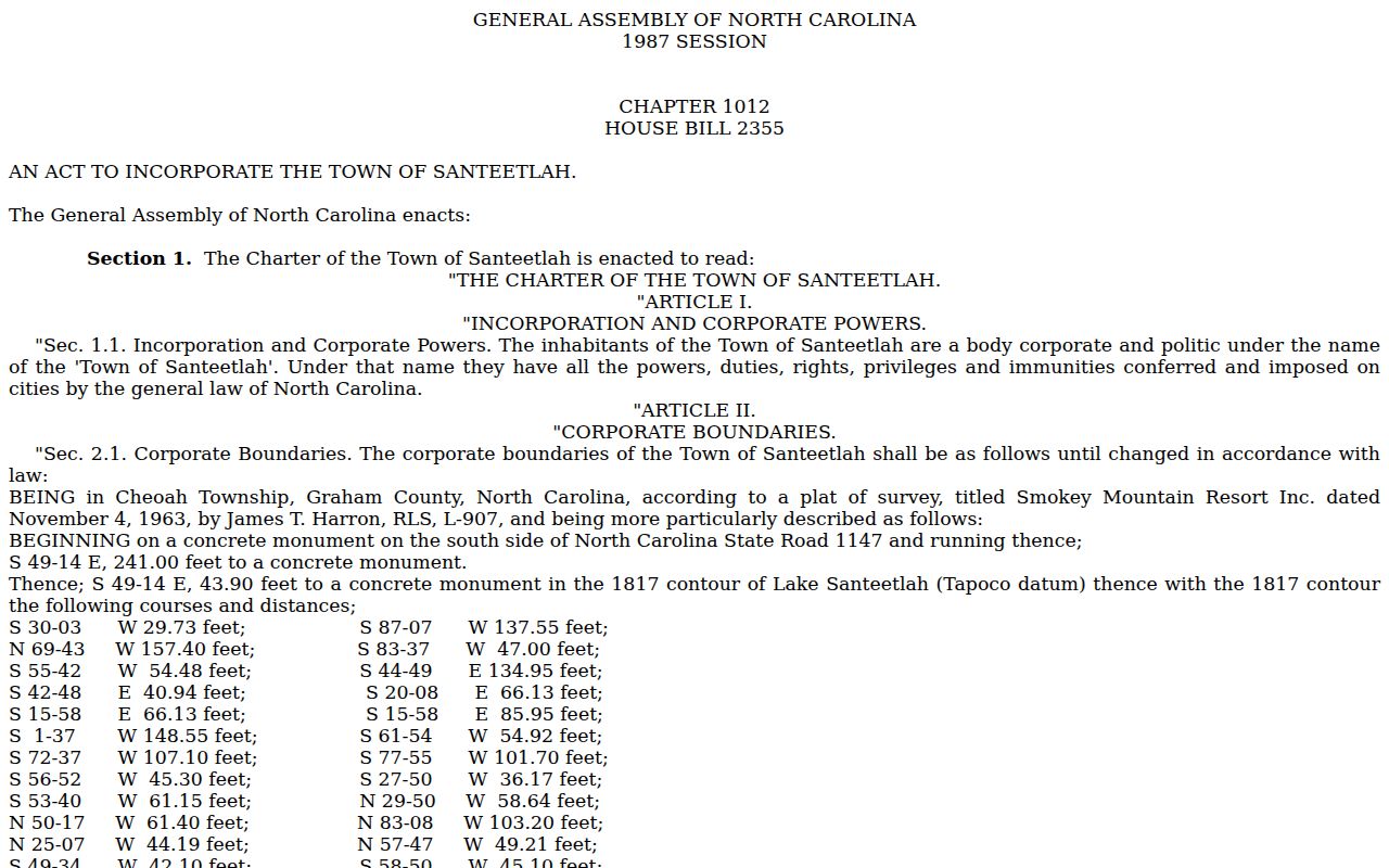 Lake Santeetlah criminal history incorporation charter
